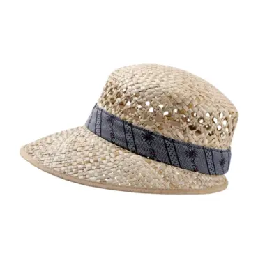 Liegestuhlhut aus naturbelassenem Stroh mit Edelweissband in Blau und Anthrazit