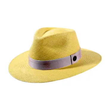Panamahut Fedora Traveler in Citron mit Rebsband Hutband und 1919 Risa Qualitätsknopf