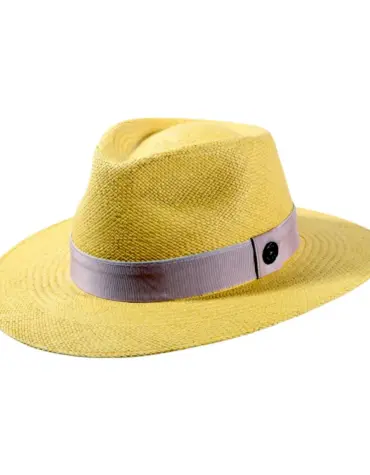 Panamahut Fedora Traveler in Citron mit Rebsband Hutband und 1919 Risa Qualitätsknopf