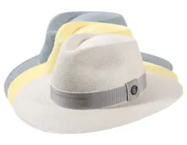 Panamahut Fedora Traveler in Greige, Peaceblue und Citron mit Rebsband Hutband und 1919 Risa Qualitätsknopf