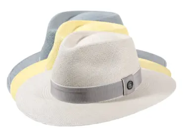 Panamahut Fedora Traveler in Greige, Peaceblue und Citron mit Rebsband Hutband und 1919 Risa Qualitätsknopf