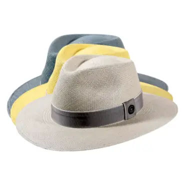 Panamahut Fedora Traveler in Greige, Peaceblue und Citron mit Rebsband Hutband und 1919 Risa Qualitätsknopf