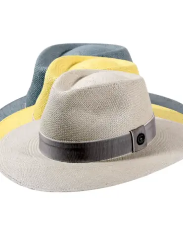 Panamahut Fedora Traveler in Greige, Peaceblue und Citron mit Rebsband Hutband und 1919 Risa Qualitätsknopf