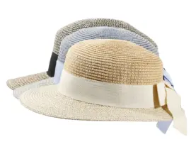 Sommerlicher Damenhut „Liegestuhlhut“ mit Rebsband und Schlaufe in Schwarz, Beige und Blau