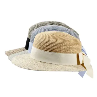 Sommerlicher Damenhut „Liegestuhlhut“ mit Rebsband und Schlaufe in Schwarz, Beige und Blau