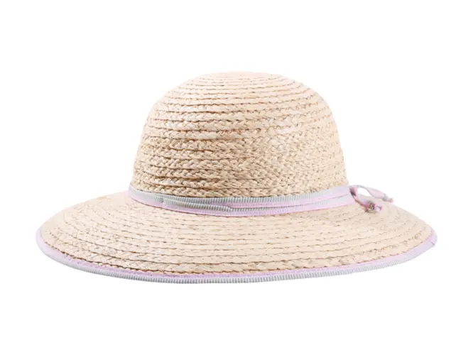 Damen Sommerhut Cloche Raffiastroh mit schmalem Hutband und Krempeneinfassung.