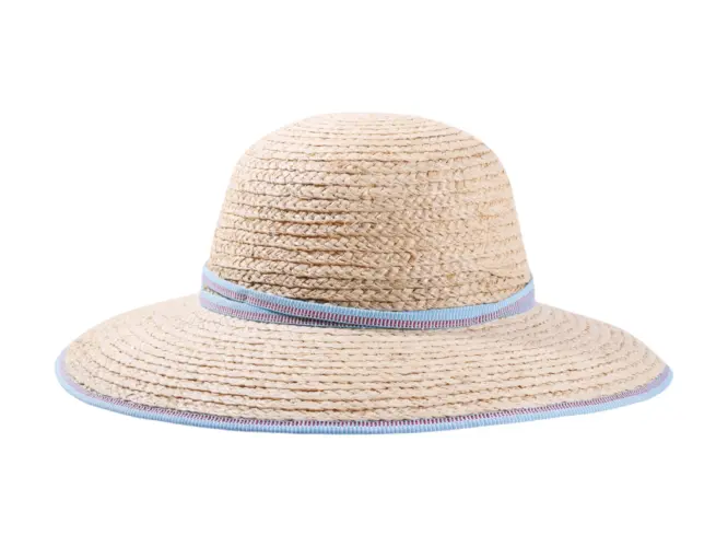 Damen Sommerhut Cloche Raffiastroh mit schmalem Hutband und Krempeneinfassung.