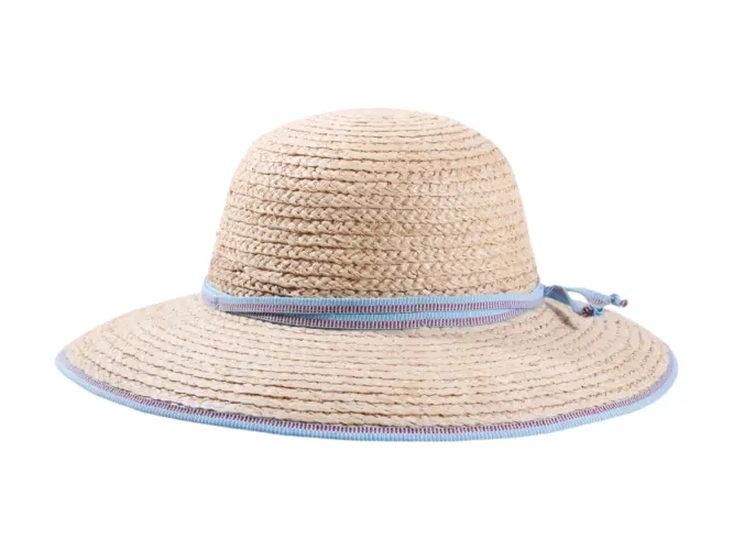 Damen Sommerhut Cloche Raffiastroh mit schmalem Hutband und Krempeneinfassung.