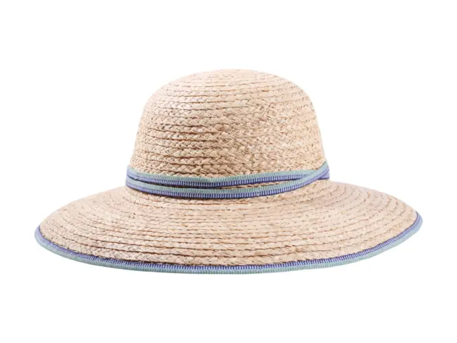 Damen Sommerhut Cloche Raffiastroh mit schmalem Hutband und Krempeneinfassung.