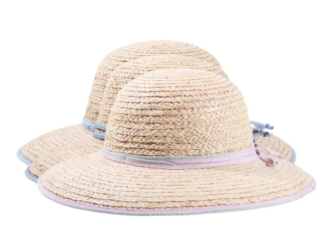 Damen Sommerhut Cloche Raffiastroh mit schmalem Hutband und Krempeneinfassung.