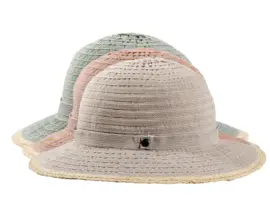 Cloche Bändelhut rollbar aus Raffia und Polyester in Hellbeige, Orange und Hellgrün