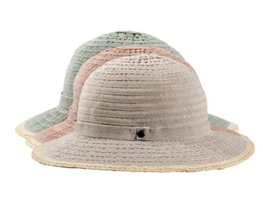Cloche Bändelhut rollbar aus Raffia und Polyester in Hellbeige, Orange und Hellgrün