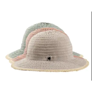 Cloche Bändelhut rollbar aus Raffia und Polyester in Hellbeige, Orange und Hellgrün