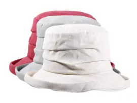 Damen Sommerhut aus 100 % Leinen in Hellbeige, Bordeaux und Mittelgrau.