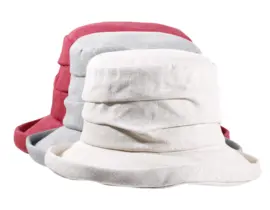 Damen Sommerhut aus 100 % Leinen in Hellbeige, Bordeaux und Mittelgrau.