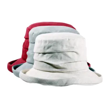 Damen Sommerhut aus 100 % Leinen in Hellbeige, Bordeaux und Mittelgrau.