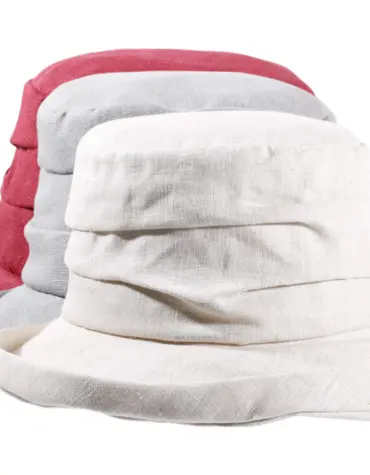 Damen Sommerhut aus 100 % Leinen in Hellbeige, Bordeaux und Mittelgrau.