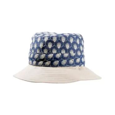 Damen Sommerhut Leinen/Cotton mit besticktem Jeansstoff und cremefarbener Krempe.