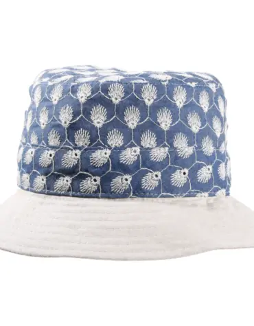 Damen Sommerhut Leinen/Cotton mit besticktem Jeansstoff und cremefarbener Krempe.