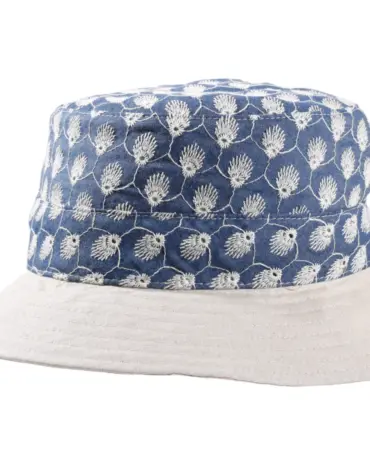 Damen Sommerhut Leinen/Cotton mit besticktem Jeansstoff und cremefarbener Krempe.