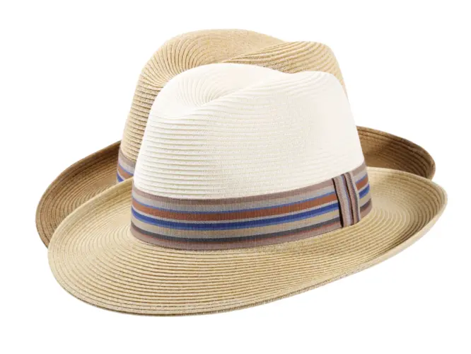 Sommerhut Fedora Bogart aus Papierstroh in écru und camel