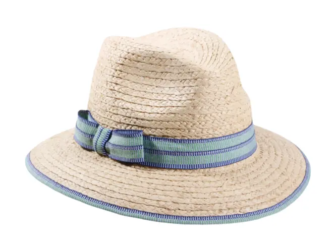 Sommerhut Fedora aus Raffia mit rosa, roter oder blauer Garnitur