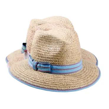 Sommerhut Fedora aus Raffia mit rosa, roter oder blauer Garnitur