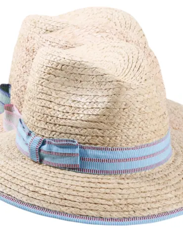 Sommerhut Fedora aus Raffia mit rosa, roter oder blauer Garnitur