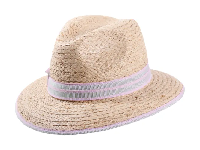 Sommerhut Fedora aus Raffia mit rosa, roter oder blauer Garnitur
