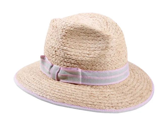 Sommerhut Fedora aus Raffia mit rosa, roter oder blauer Garnitur