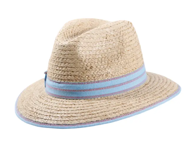Sommerhut Fedora aus Raffia mit rosa, roter oder blauer Garnitur