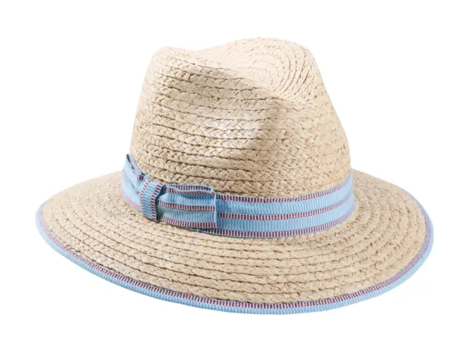 Sommerhut Fedora aus Raffia mit rosa, roter oder blauer Garnitur