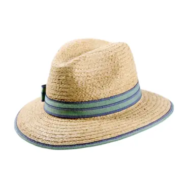 Sommerhut Fedora aus Raffia mit rosa, roter oder blauer Garnitur