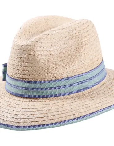 Sommerhut Fedora aus Raffia mit rosa, roter oder blauer Garnitur