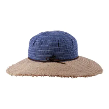 altbarer Sommerhut Cloche mit breitem Raffiarand und gestreifter Stoffkrone