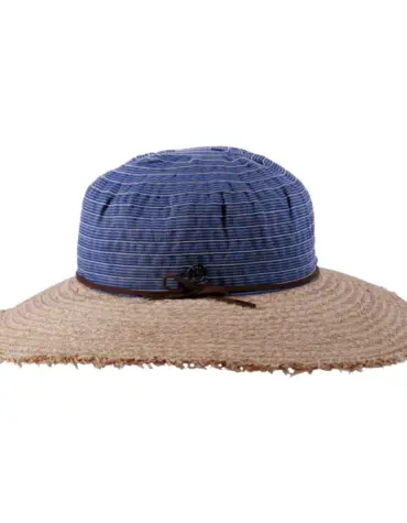 altbarer Sommerhut Cloche mit breitem Raffiarand und gestreifter Stoffkrone