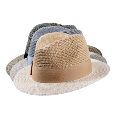 Sommerhut Fedora Viskose in Schwarz, Beige und Blau mit Rebsband
