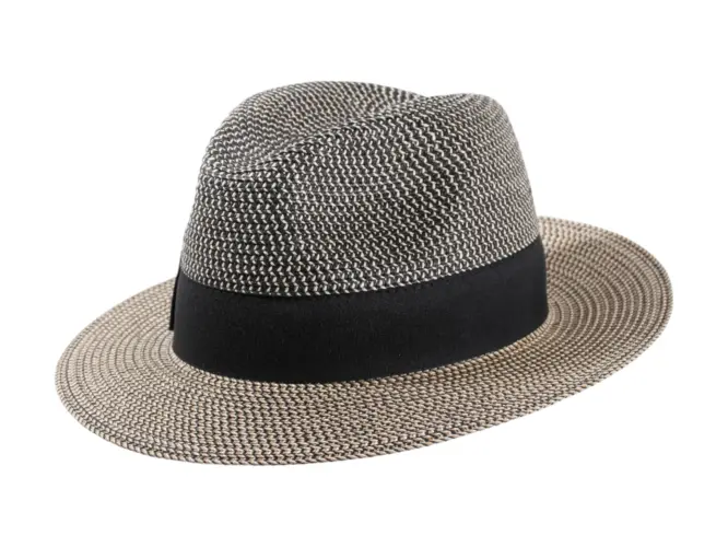 Sommerhut Fedora Viskose in Schwarz, Beige und Blau mit Rebsband