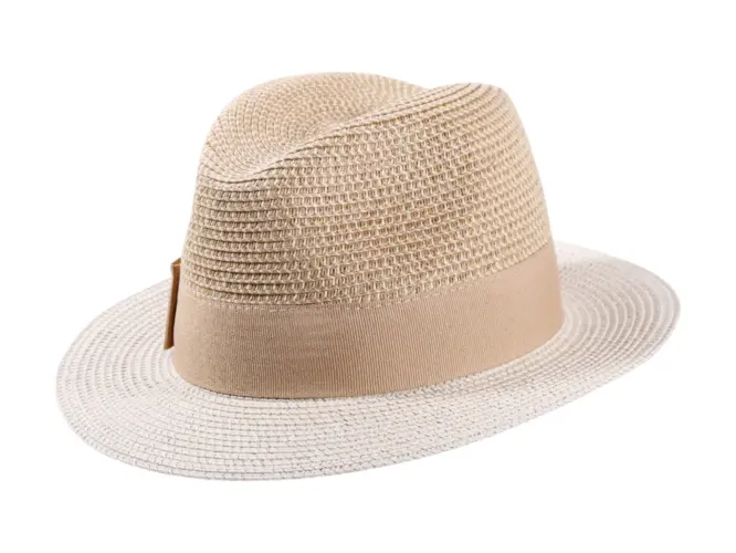 Sommerhut Fedora Viskose in Schwarz, Beige und Blau mit Rebsband