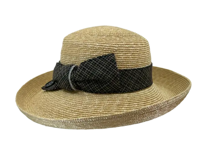 Sommerlicher Damen Aufschlaghut aus Naturstroh mit Seidenhutband