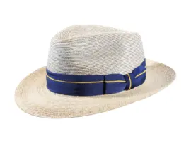 Strohhut Bogart aus Weizenstroh mit blauem Rebsband und gelber Zierlinie