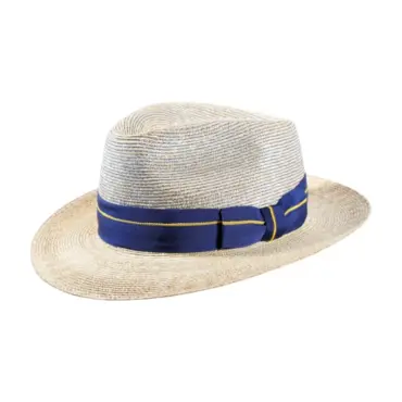 Strohhut Bogart aus Weizenstroh mit blauem Rebsband und gelber Zierlinie