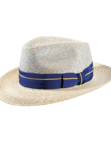 Strohhut Bogart aus Weizenstroh mit blauem Rebsband und gelber Zierlinie