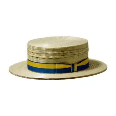 Handgefertigter Röhrlihut Canotier Freiamt Häggliger aus Naturstroh mit farbigem Hutband