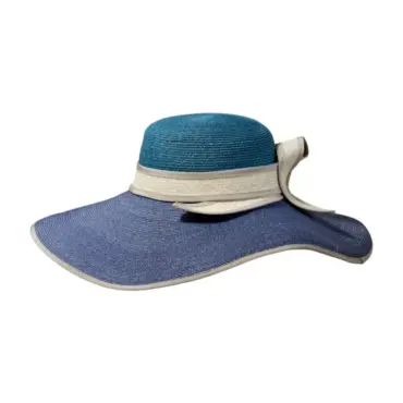 Damenstrohhut mit türkiser Krone, blauer Krempe und weißem Hutband