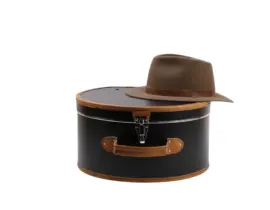 Schwarzer Hutkoffer mit braunen Details, geöffnet und geschlossen in Medium und Large