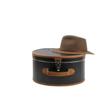 Schwarzer Hutkoffer mit braunen Details, geöffnet und geschlossen in Medium und Large