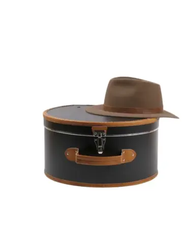 Schwarzer Hutkoffer mit braunen Details, geöffnet und geschlossen in Medium und Large