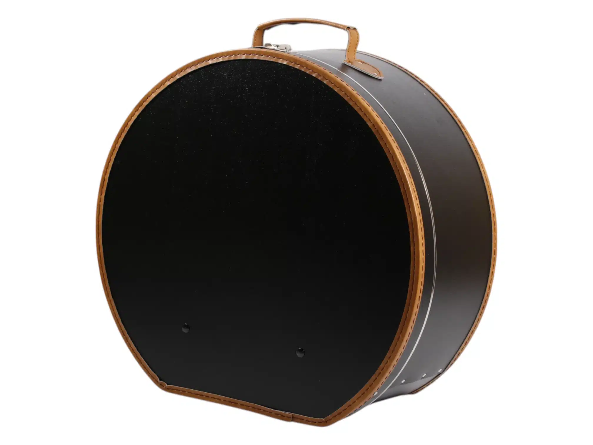 Schwarzer Hutkoffer mit braunen Details, geöffnet und geschlossen in Medium und Large