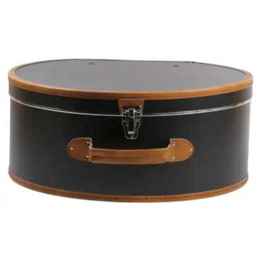 Schwarzer Hutkoffer mit braunen Details, geöffnet und geschlossen in Medium und Large